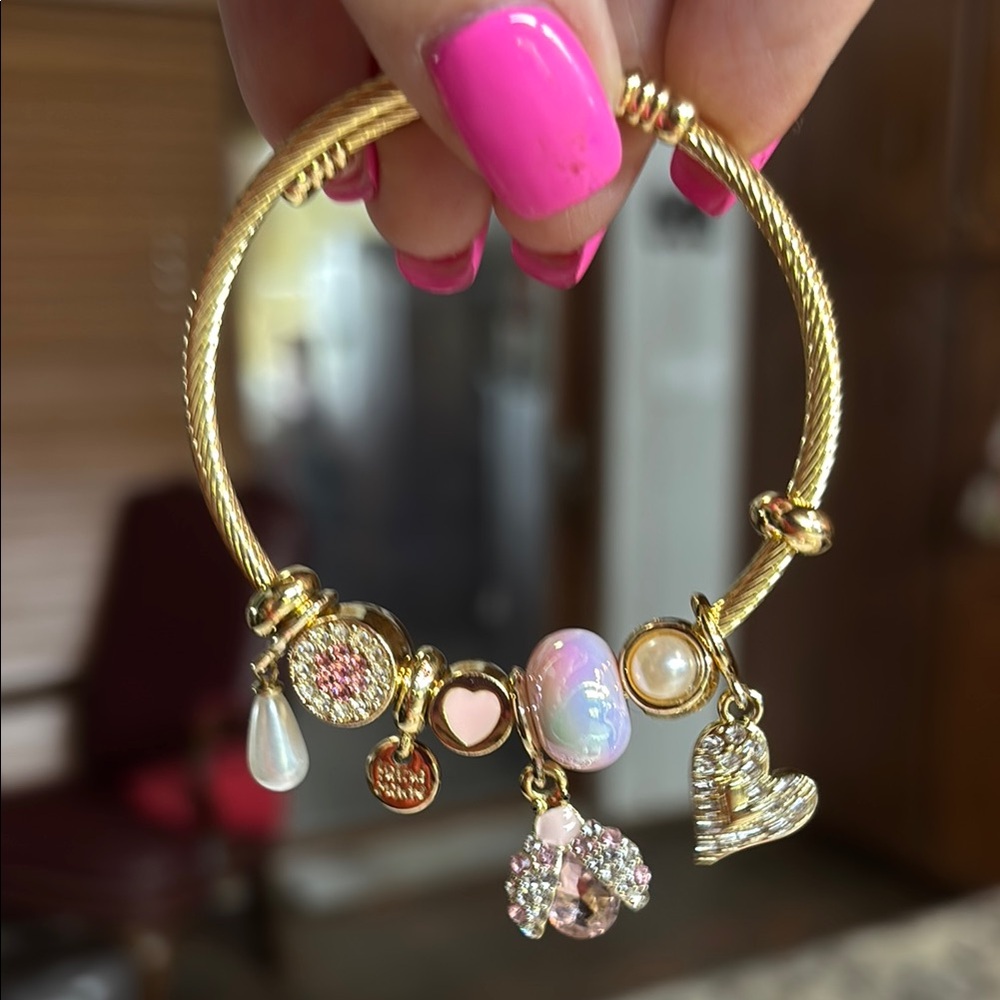 Gold Charm Bracelet with Pink and Pearl Accents